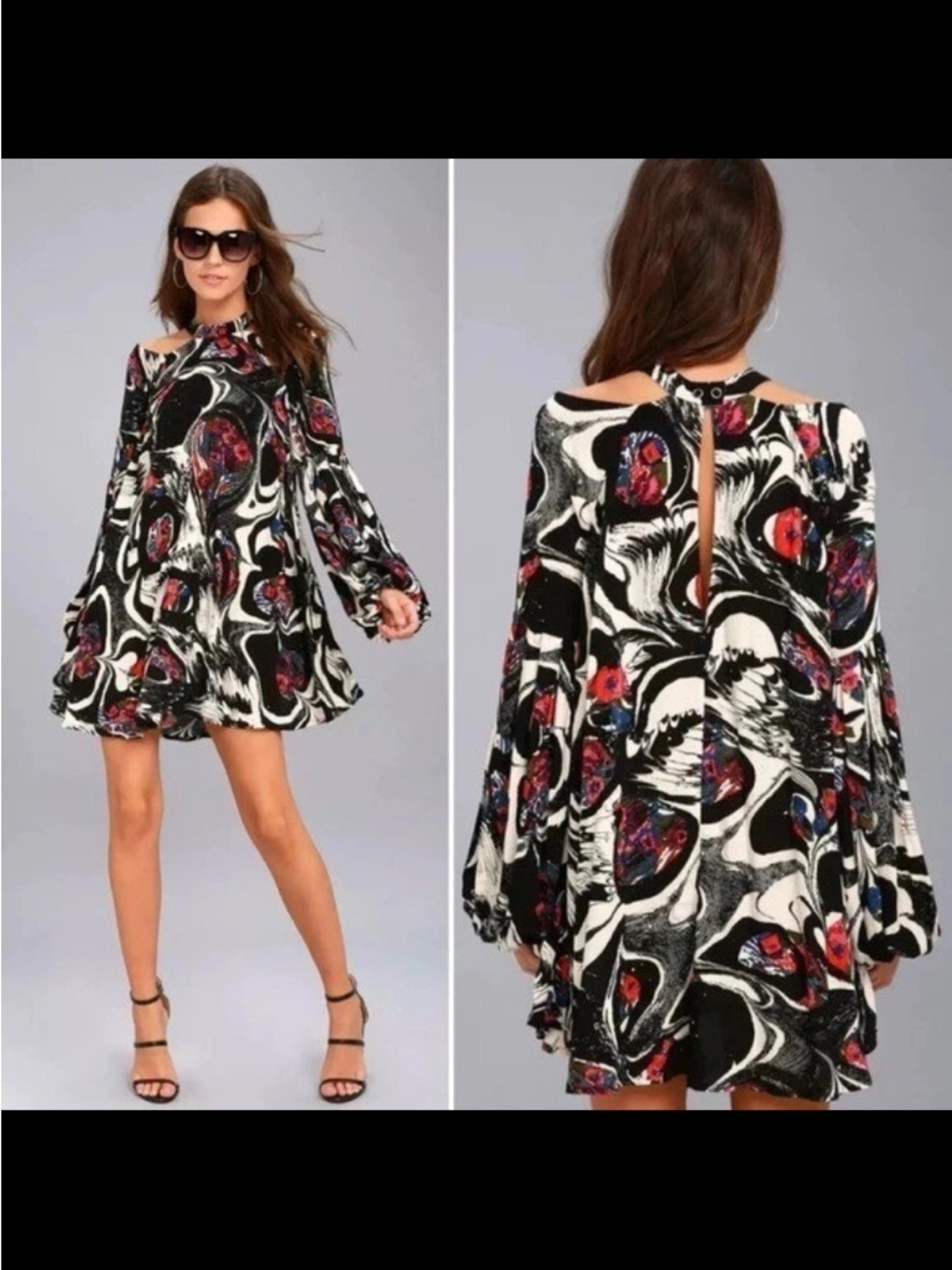 Free People Black Floral drift away swing cold shoulder mini tunic dress S/M?